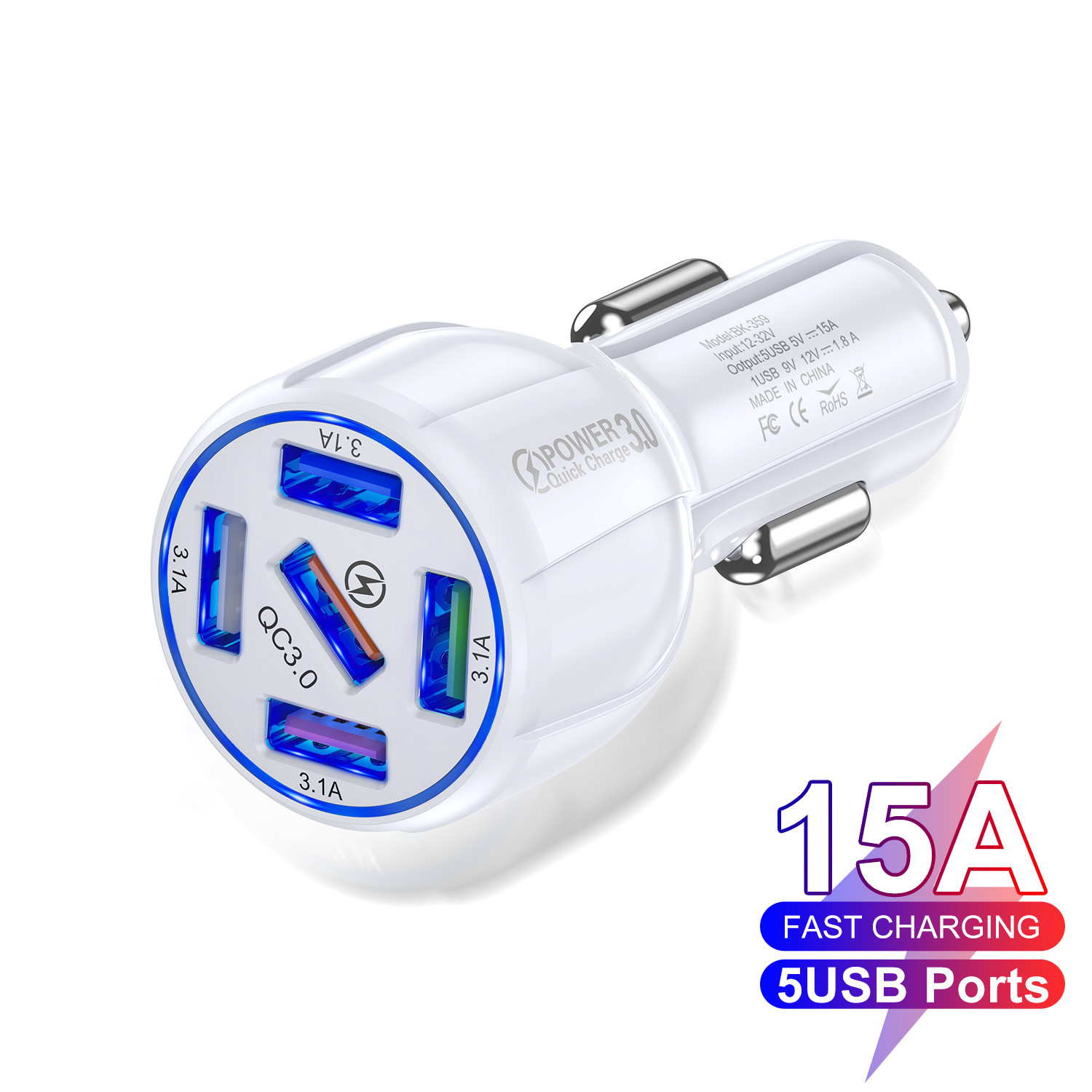 Cargador auto QC3.0 5 puertos 15A carga rápida móvil
