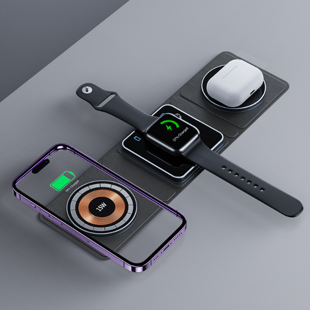 Cargador inalámbrico magnético plegable 3 en 1 para iPhone con carga rápida para iWatch y Airpods
