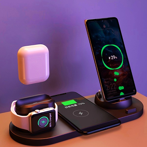 Cargador inalámbrico 6 en 1 para iPhone, teléfono y reloj de carga rápida