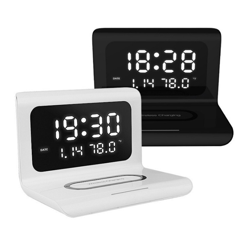Cargador inalámbrico reloj despertador 10W con calendario perpetuo y sensor temperatura