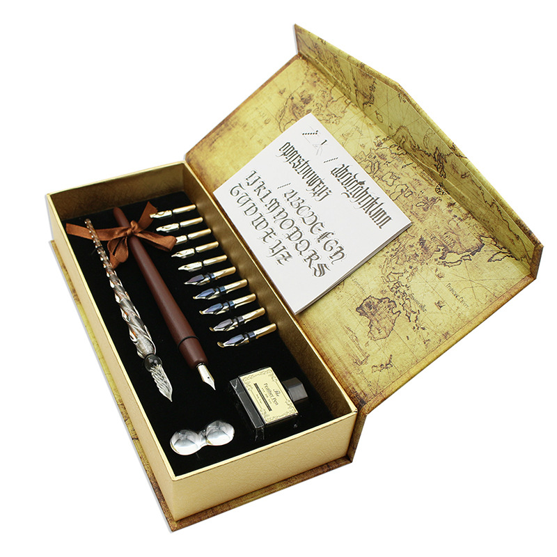 Set retro de lapicera de vidrio y cristal con mango de madera