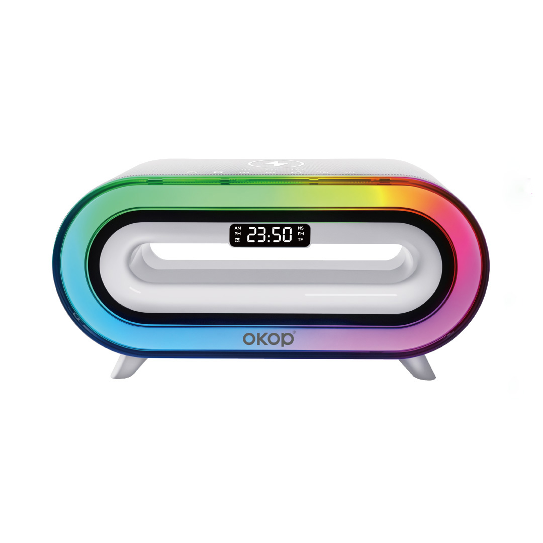 Parlante KP-576 Bluetooth con reloj despertador y carga inalámbrica